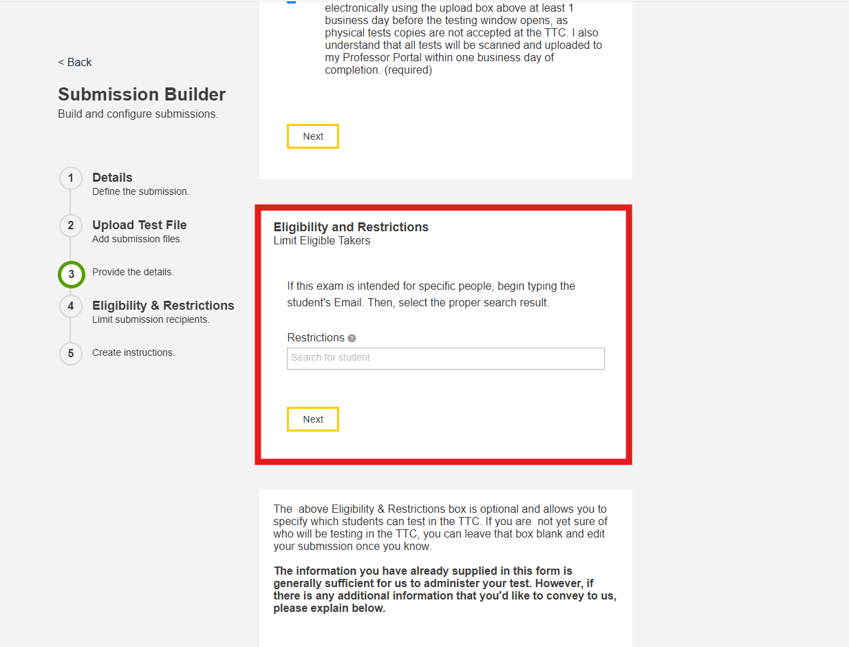 The Eligibility and Restrictions feature is highlighted to signal where instructors may enter the emails of students permitted to take the test.