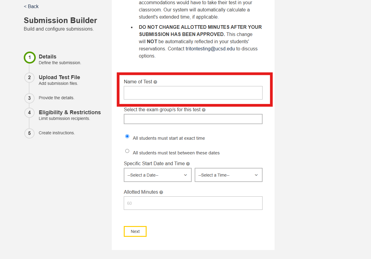 The first step of the RegisterBlast submission builder is “Name of Test,” which is surrounded by a red box. 