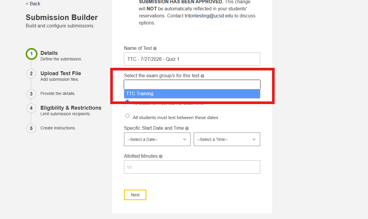 The second step of the RegisterBlast submission builder is “Select the exam group/s for this test,” which is surrounded by a red box. The sample photo’s exam group is “TTC Training.” 