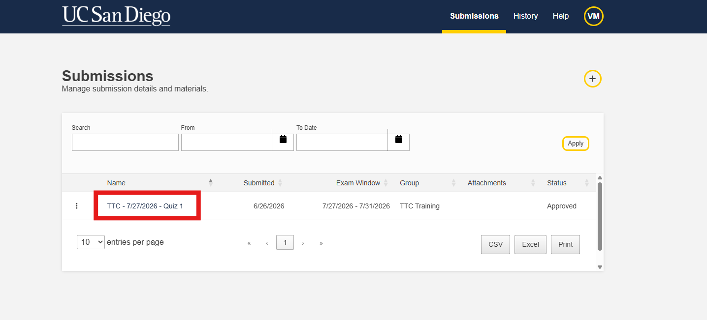 RegisterBlast Professor Portal Home page with a single test submission. The test submission named “TTC - 07/27/2026 - Quiz 1” is highlighted to indicate which submission the test will be uploaded to.