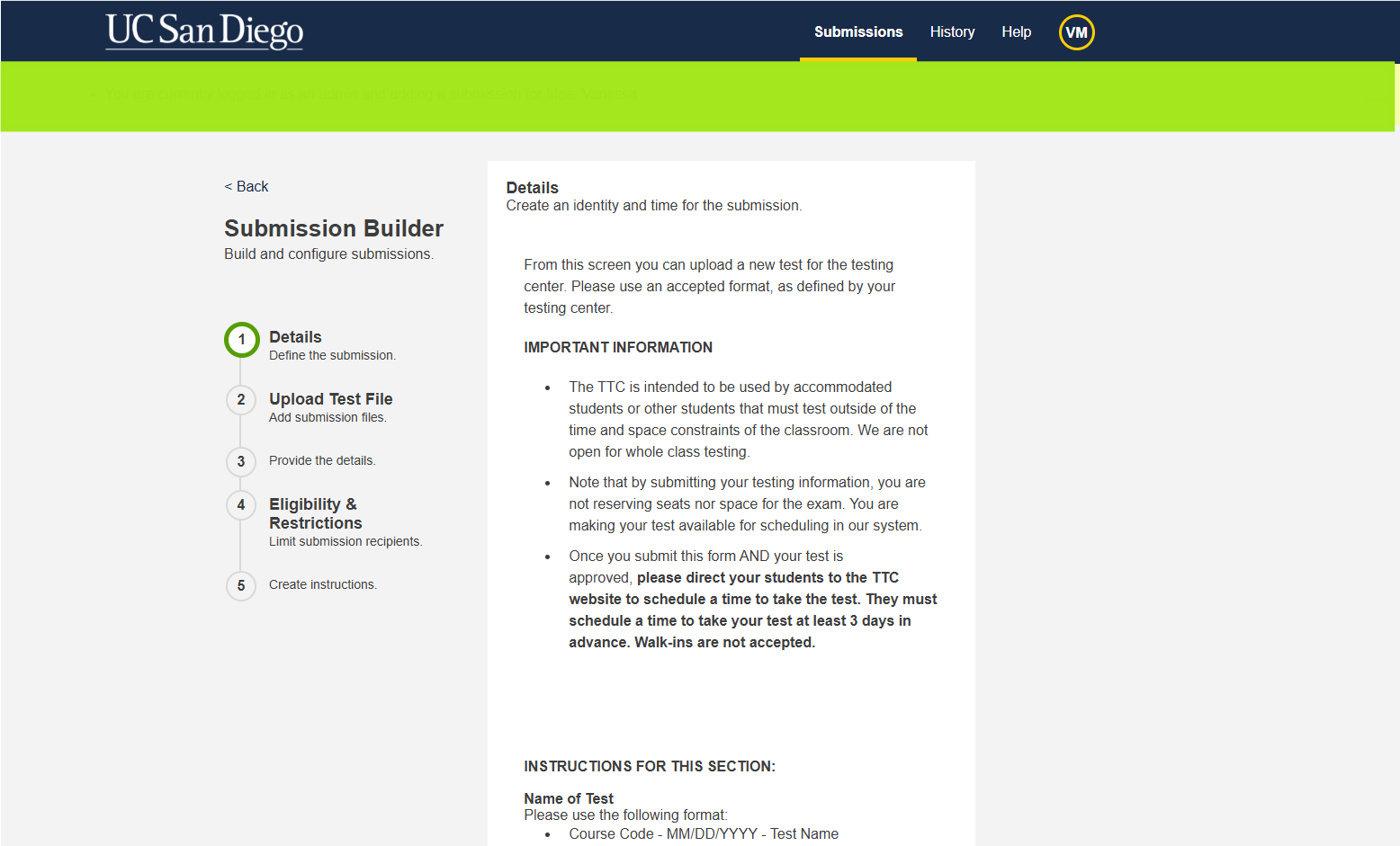 The top page of the test submission builder.