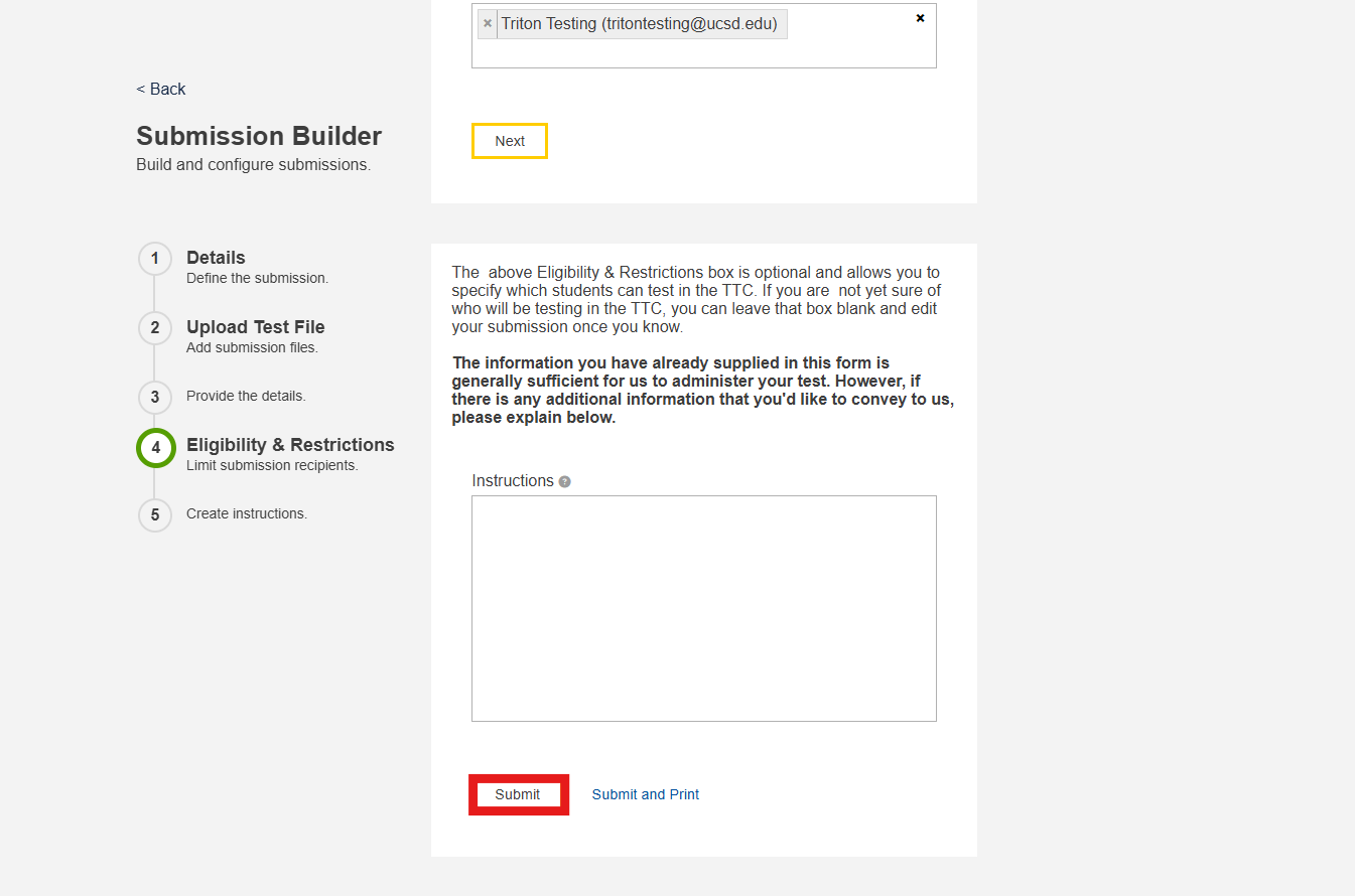 The “submit” button at the bottom of the page is highlighted for the instructor to submit the test if they have finished providing all the necessary test information.