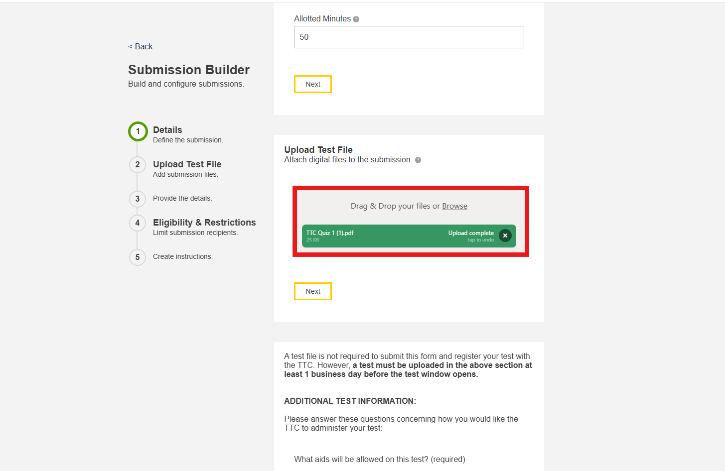 A test file is uploaded to the “Upload Test File” section. The test file is green and states “Upload Complete.” 