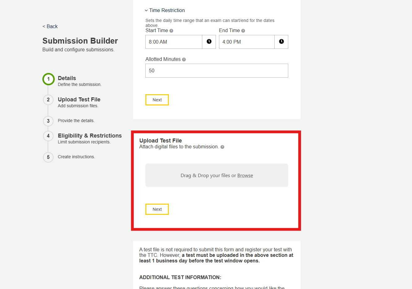 Default screen for the “Upload Test File” section. The test file is not currently uploaded.